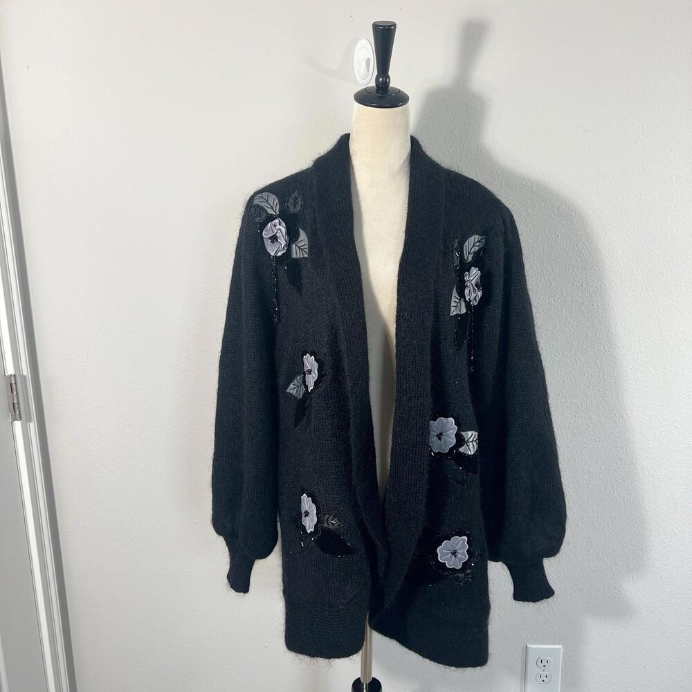 VTG Womens Alexa Grace Wool Mohair Cardigan Sweater Black Beaded Floral Size XL